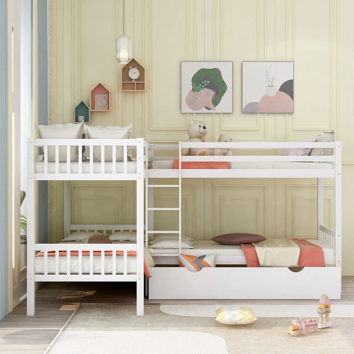 Bellemave® Twin Size L-Shaped Bunk Bed with Drawers