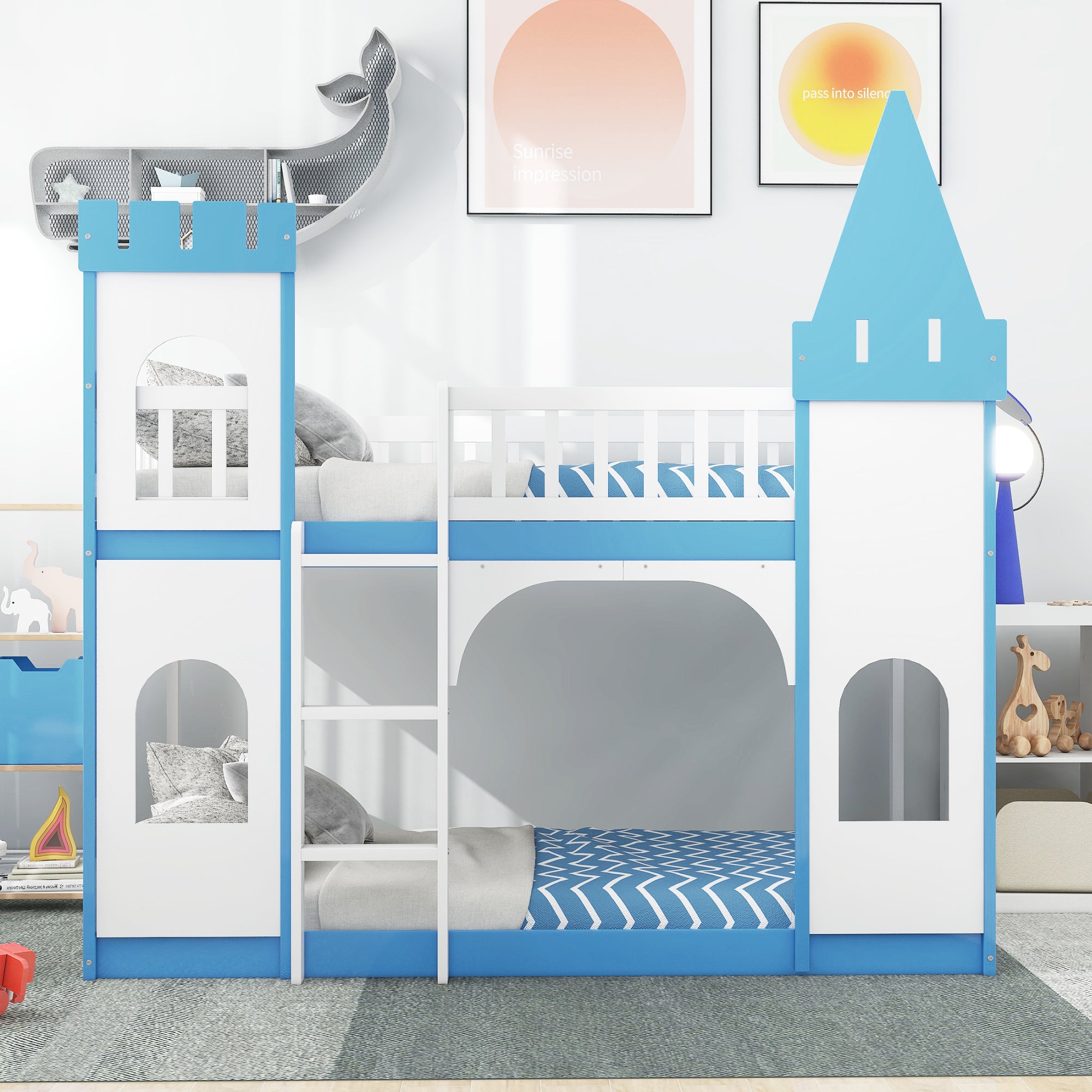 Bellemave Twin Size Castle Bunk Bed with Ladder