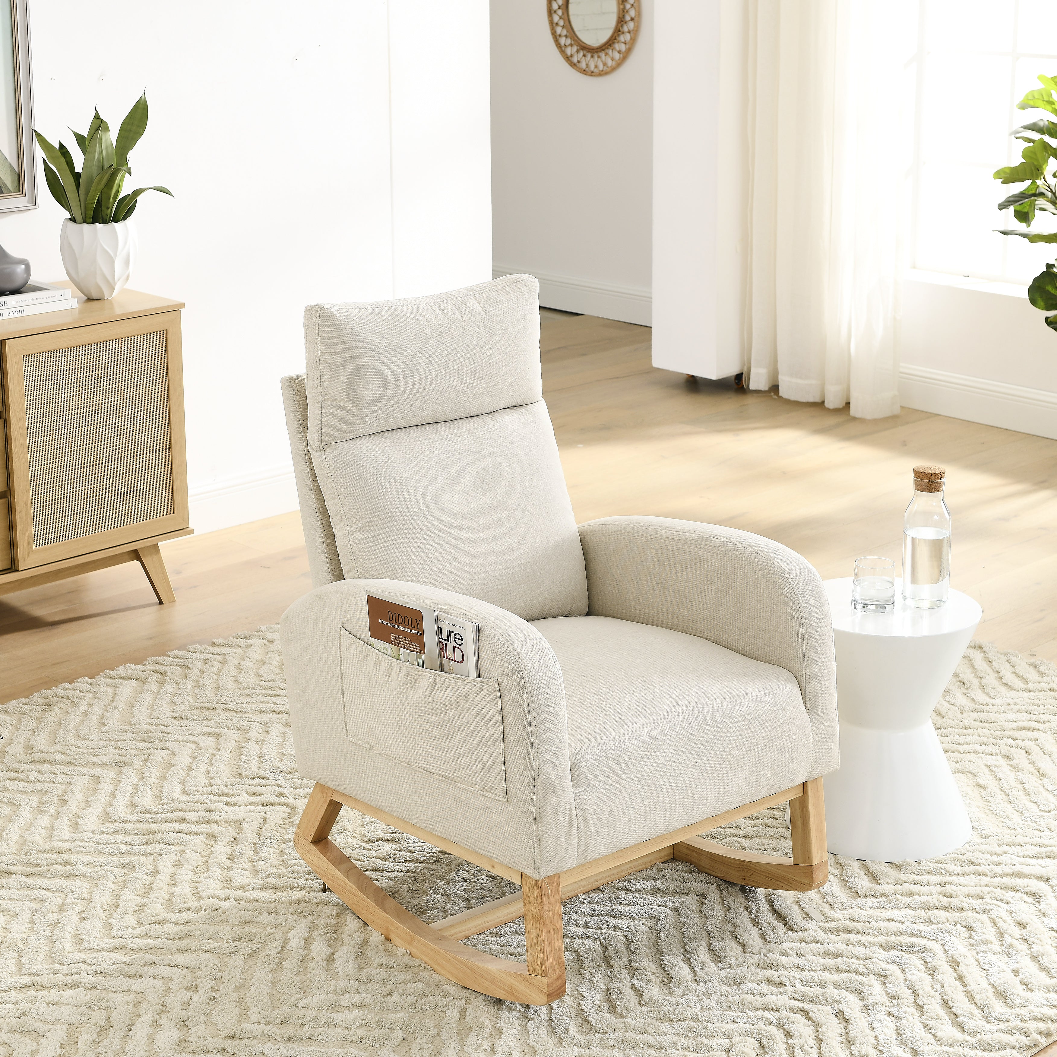 Bellemave Modern Accent High Backrest Living Room Lounge Arm Rocking Chair with Two Side Pocket