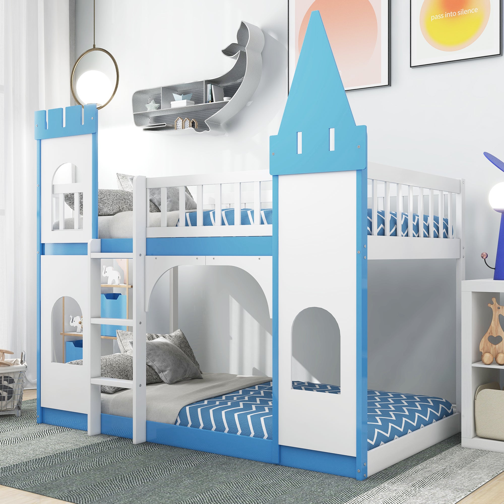 Bellemave Twin Size Castle Bunk Bed with Ladder