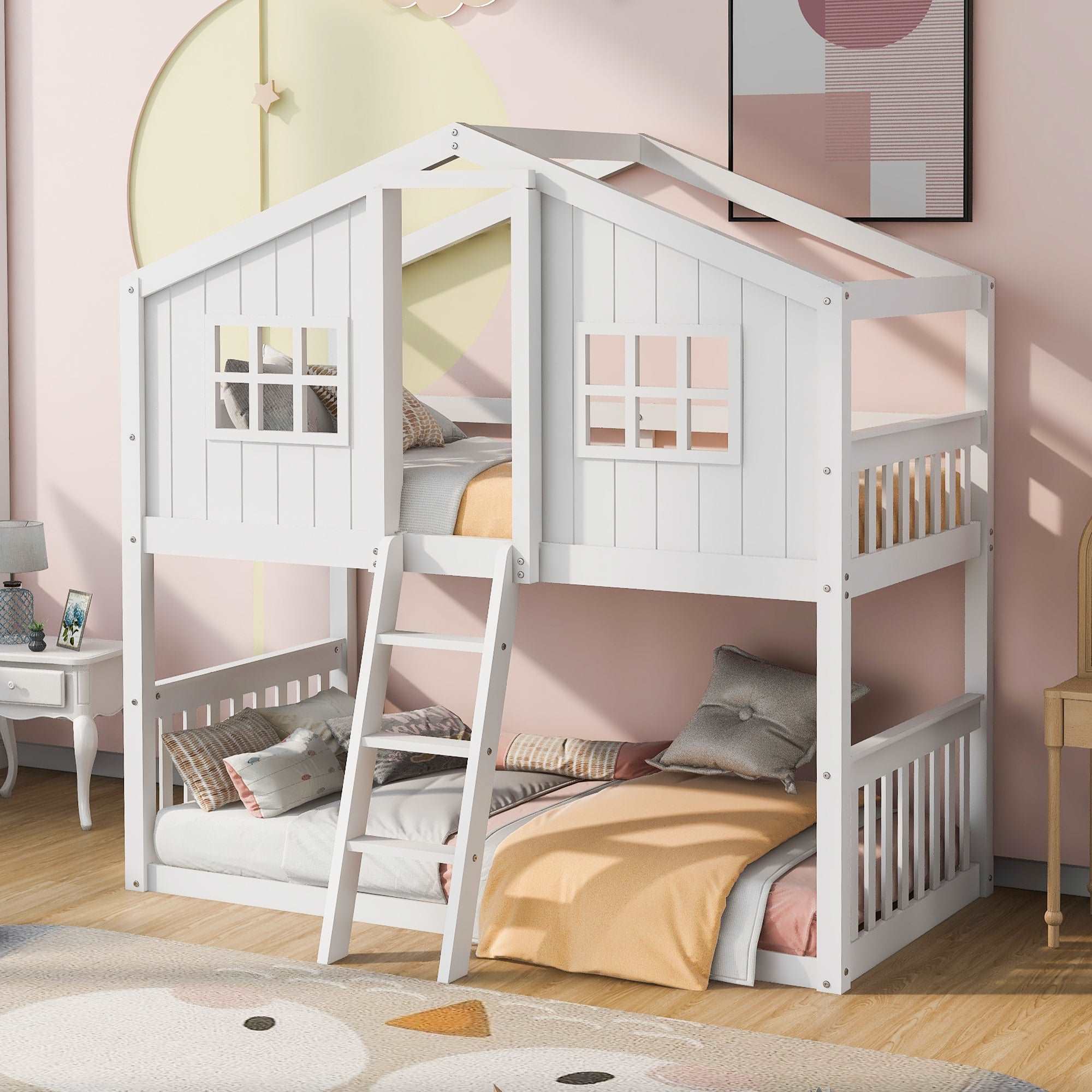 Bellemave Twin Size Wood House Bunk Bed with Ladder