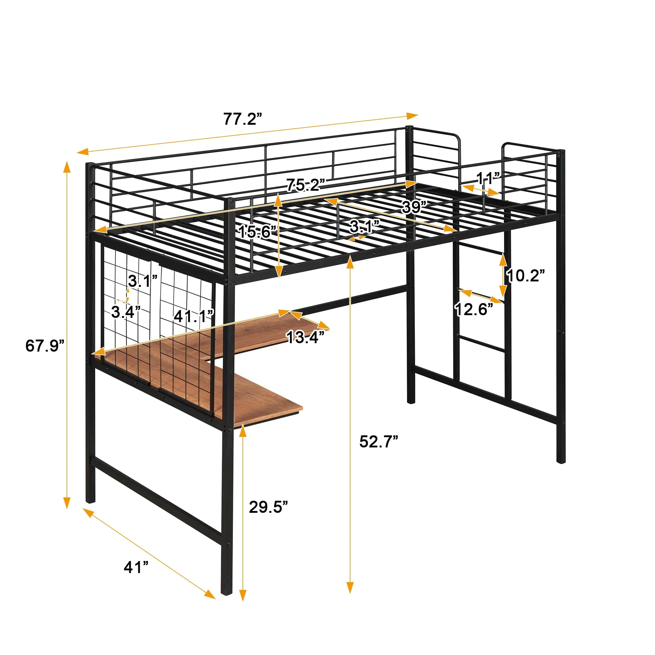 Bellemave® Metal Loft Bed with Desk and Metal Grid Bellemave®