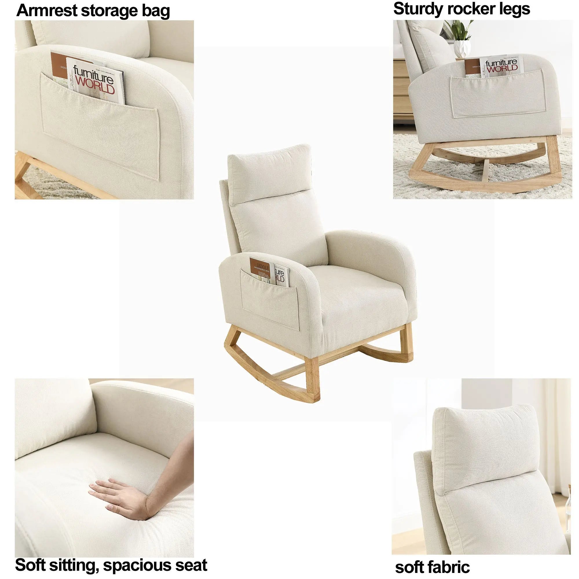 Bellemave Modern Accent High Backrest Living Room Lounge Arm Rocking Chair with Two Side Pocket Bellemave