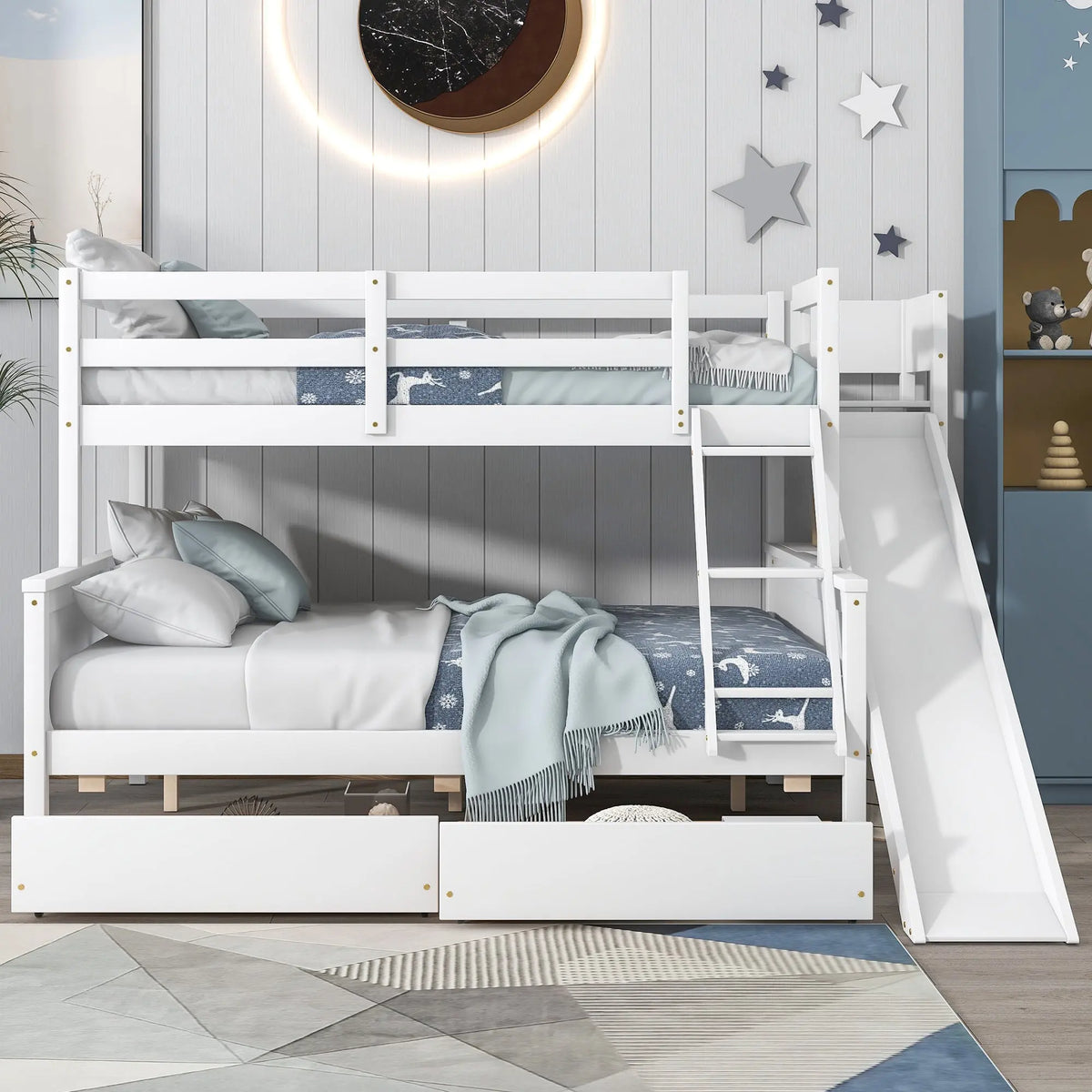 Bellemave® Twin over Full Wood Bunk Bed with 2 Drawers,Slide and Shelves