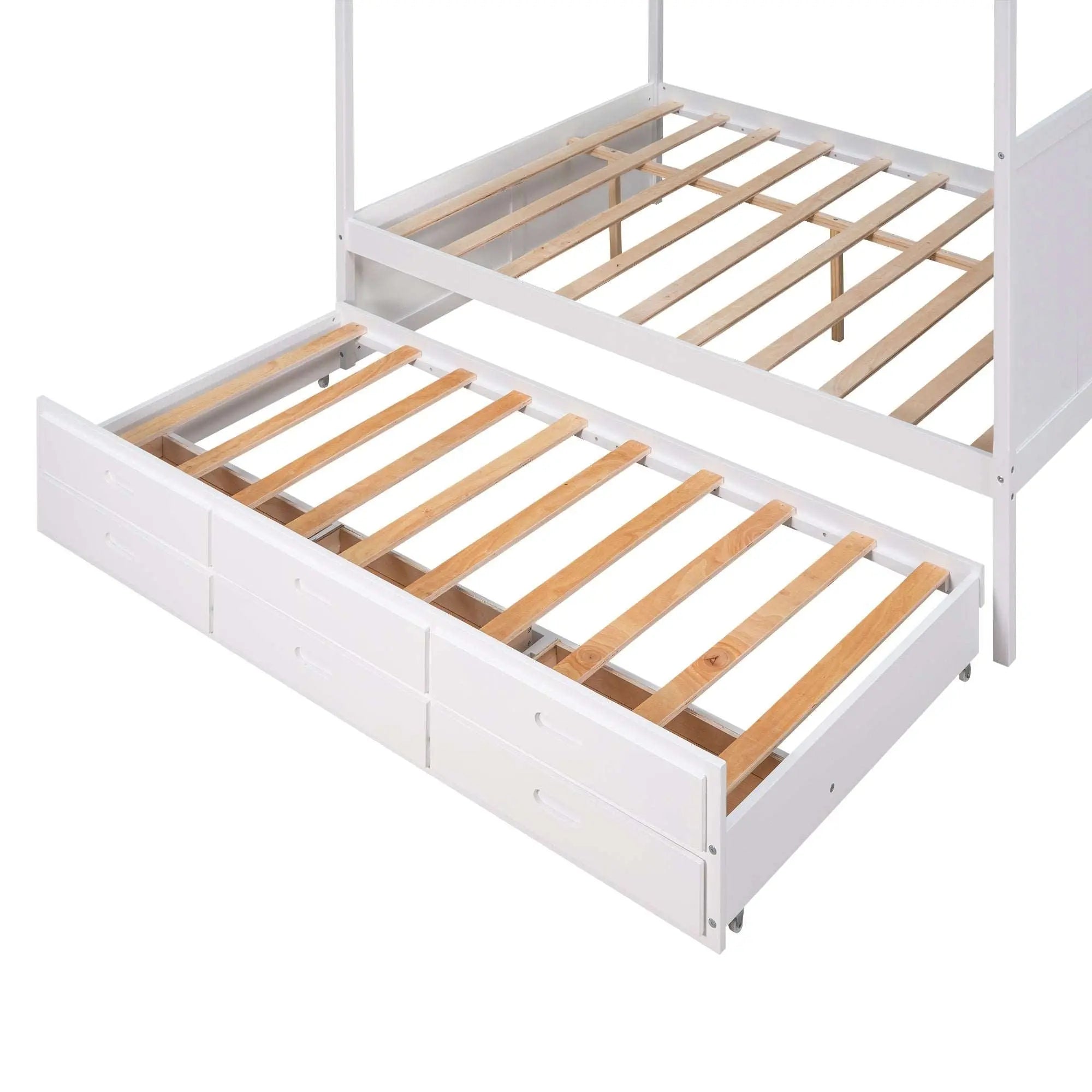 Bellemave Queen Size Canopy Platform Bed with Twin Size Trundle and Three Storage Drawers
