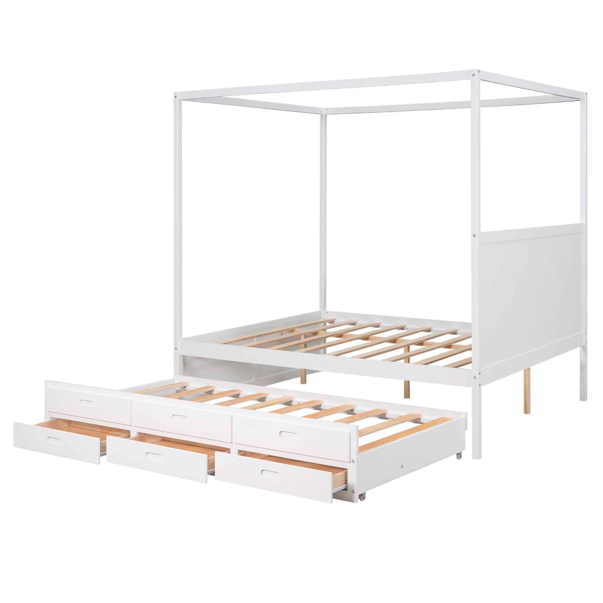 Bellemave Queen Size Canopy Platform Bed with Twin Size Trundle and Three Storage Drawers