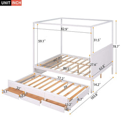 Bellemave Queen Size Canopy Platform Bed with Twin Size Trundle and Three Storage Drawers