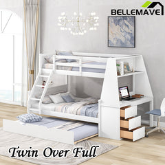 Bellemave® Twin over Full Bunk Bed with Trundle Bed and Built-in Desk, 3 Drawers and Shelf