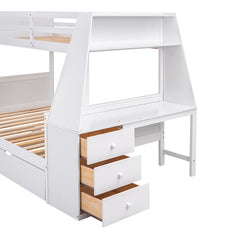 Bellemave® Twin over Full Bunk Bed with Trundle Bed and Built-in Desk, 3 Drawers and Shelf