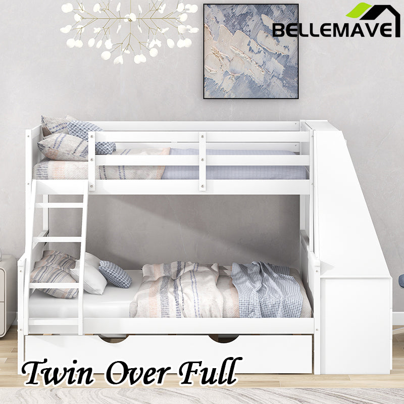 Bellemave® Twin over Full Bunk Bed with Trundle Bed and Built-in Desk, 3 Drawers and Shelf