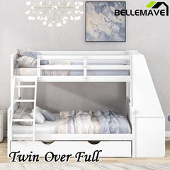 Bellemave® Twin over Full Bunk Bed with Trundle Bed and Built-in Desk, 3 Drawers and Shelf