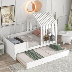 Bellemave® Twin Size House Low Loft Bed with Trundle