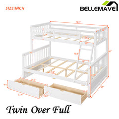 Bellemave® Twin over Full Bunk Bed with Ladders and Two Storage Drawers