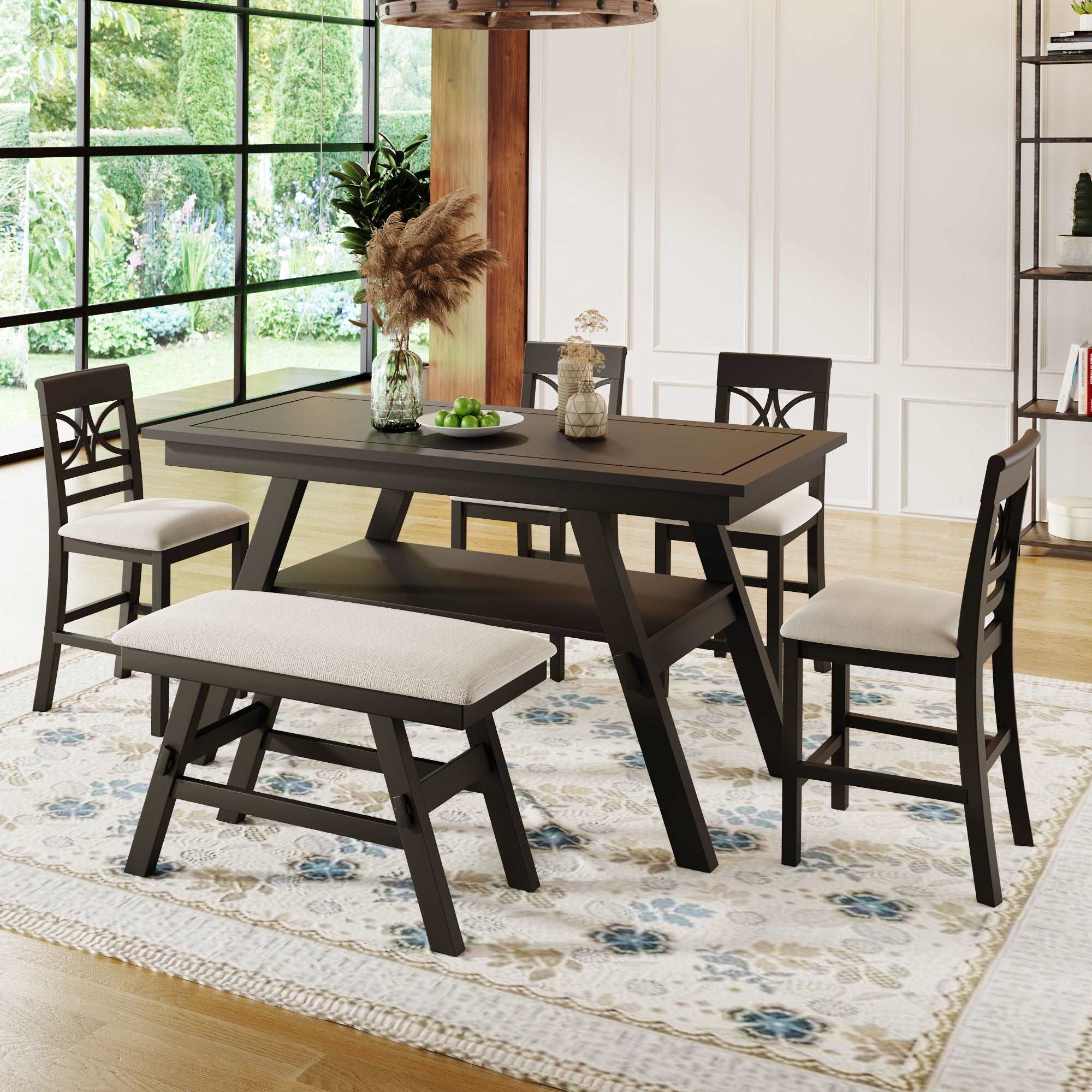 Bellemave 6-Piece Wood Counter Height Dining Table Set with Storage Shelf