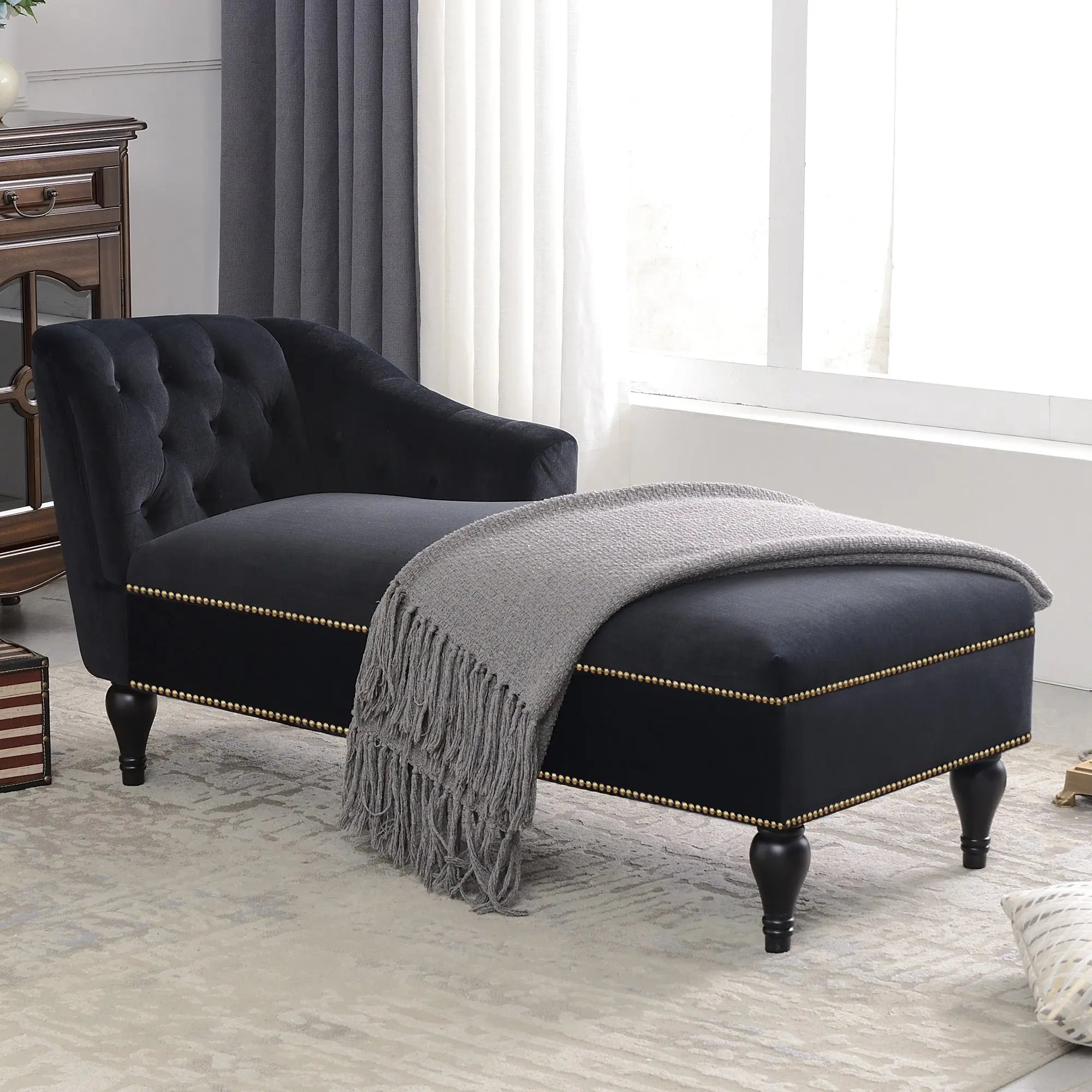 Bellemave 58" Velvet Chaise Lounge,Button Tufted Right Arm Facing Lounge Chair with Nailhead Trim & Solid Wood Legs Bellemave