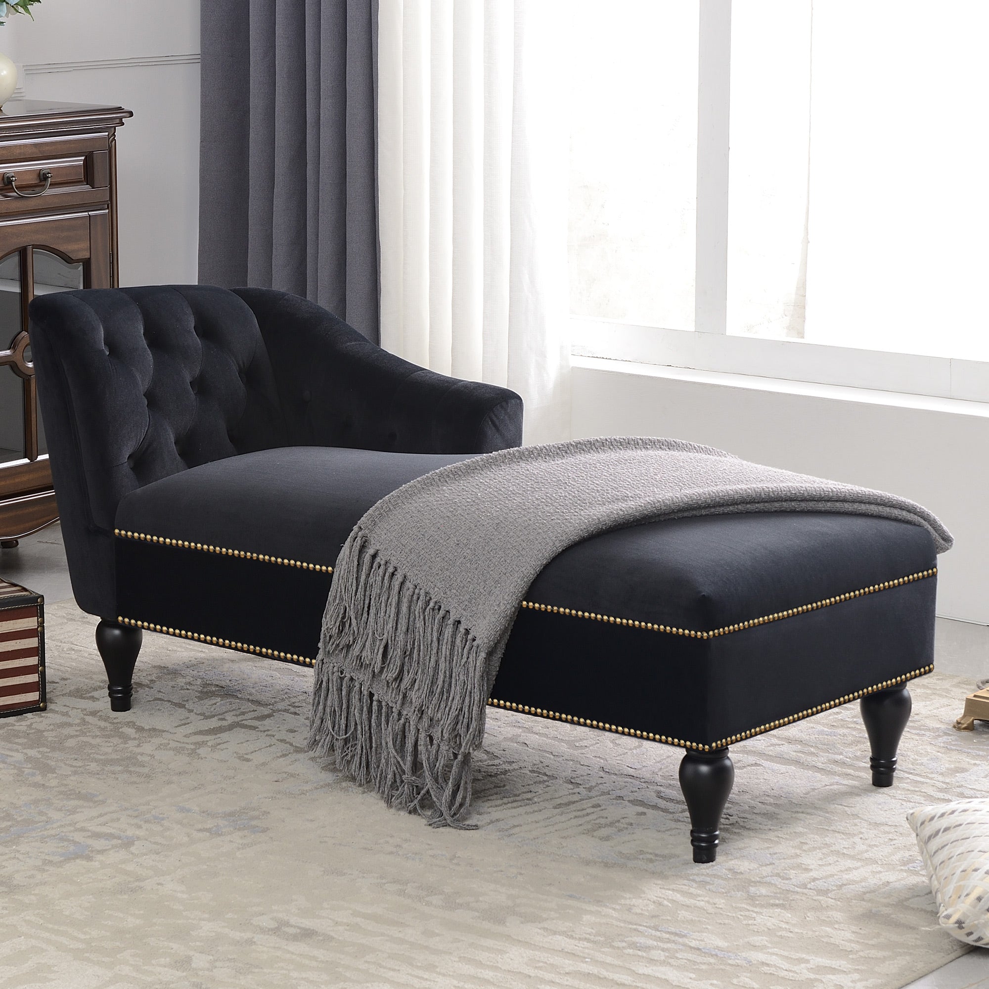 Bellemave 58" Velvet Chaise Lounge,Button Tufted Right Arm Facing Lounge Chair with Nailhead Trim & Solid Wood Legs