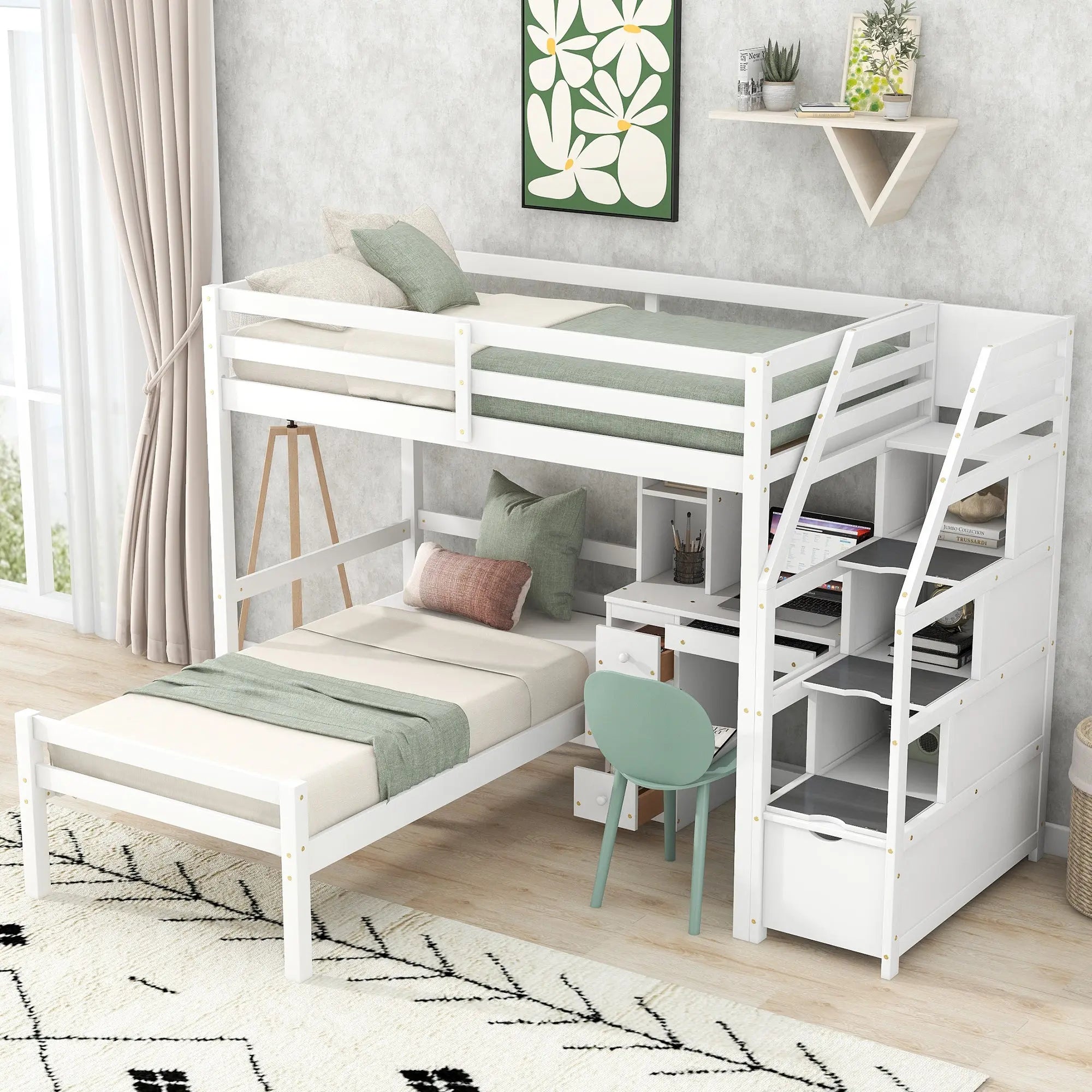 Bellemave® Twin Size Loft Bed with A Stand-Alone Bed, Storage Staircase, Desk, Shelves and Drawer Bellemave®