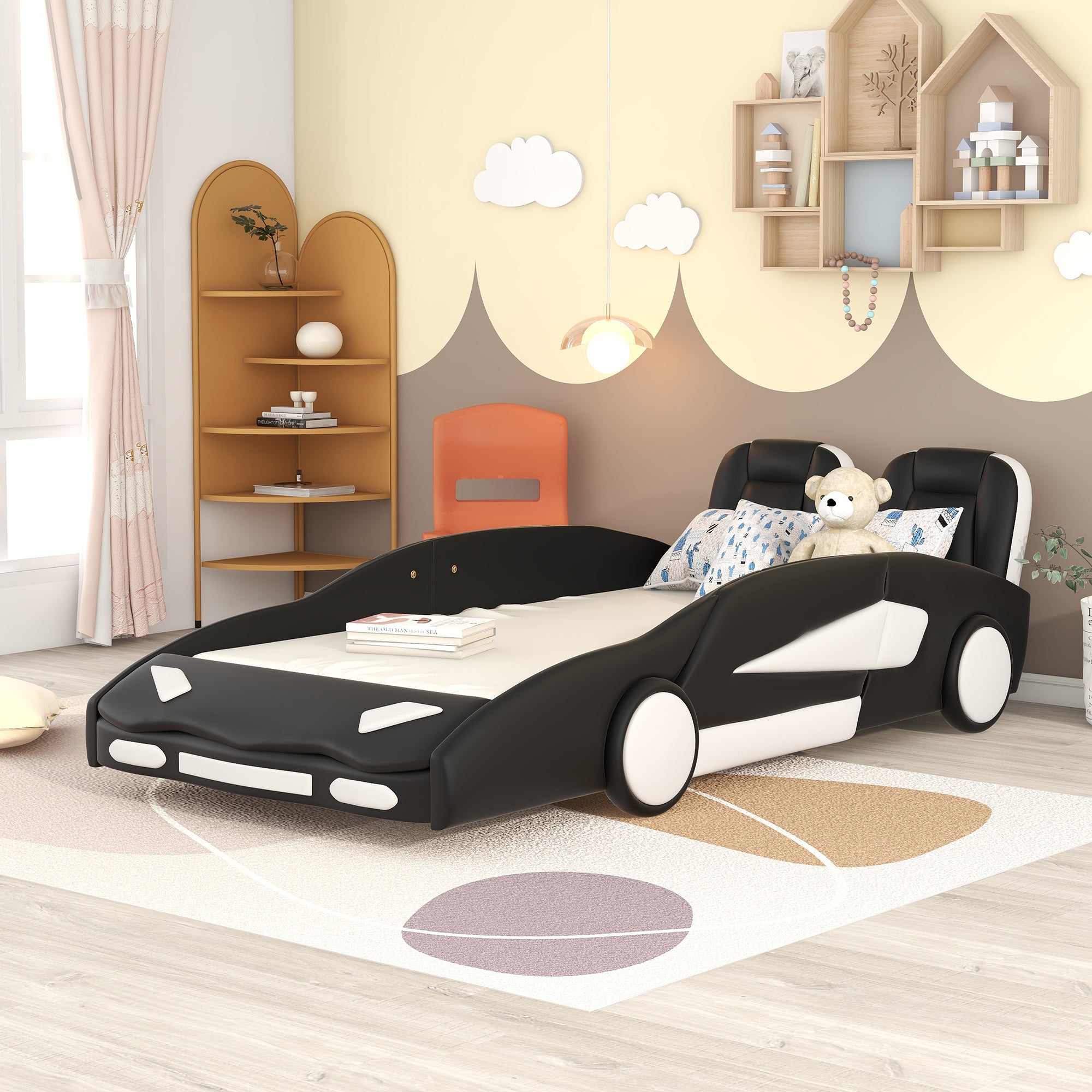 Bellemave Twin Size Race Car-Shaped Platform Bed with Wheels