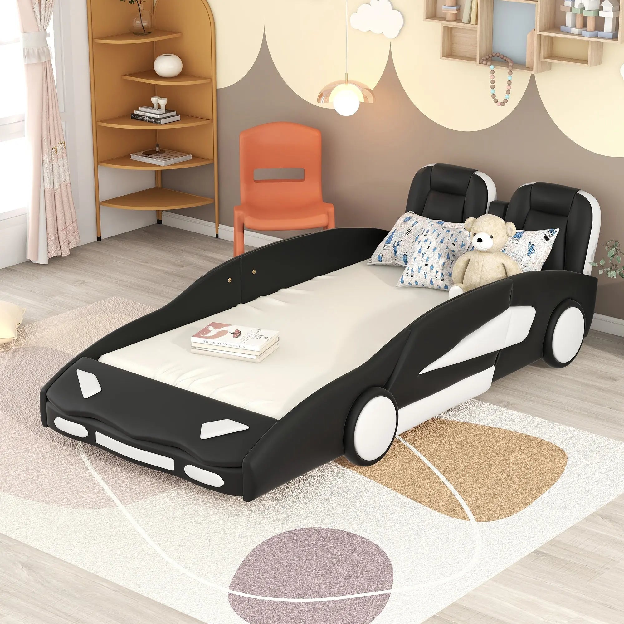 Bellemave® Twin Size Race Car-Shaped Platform Bed with Wheels Bellemave®