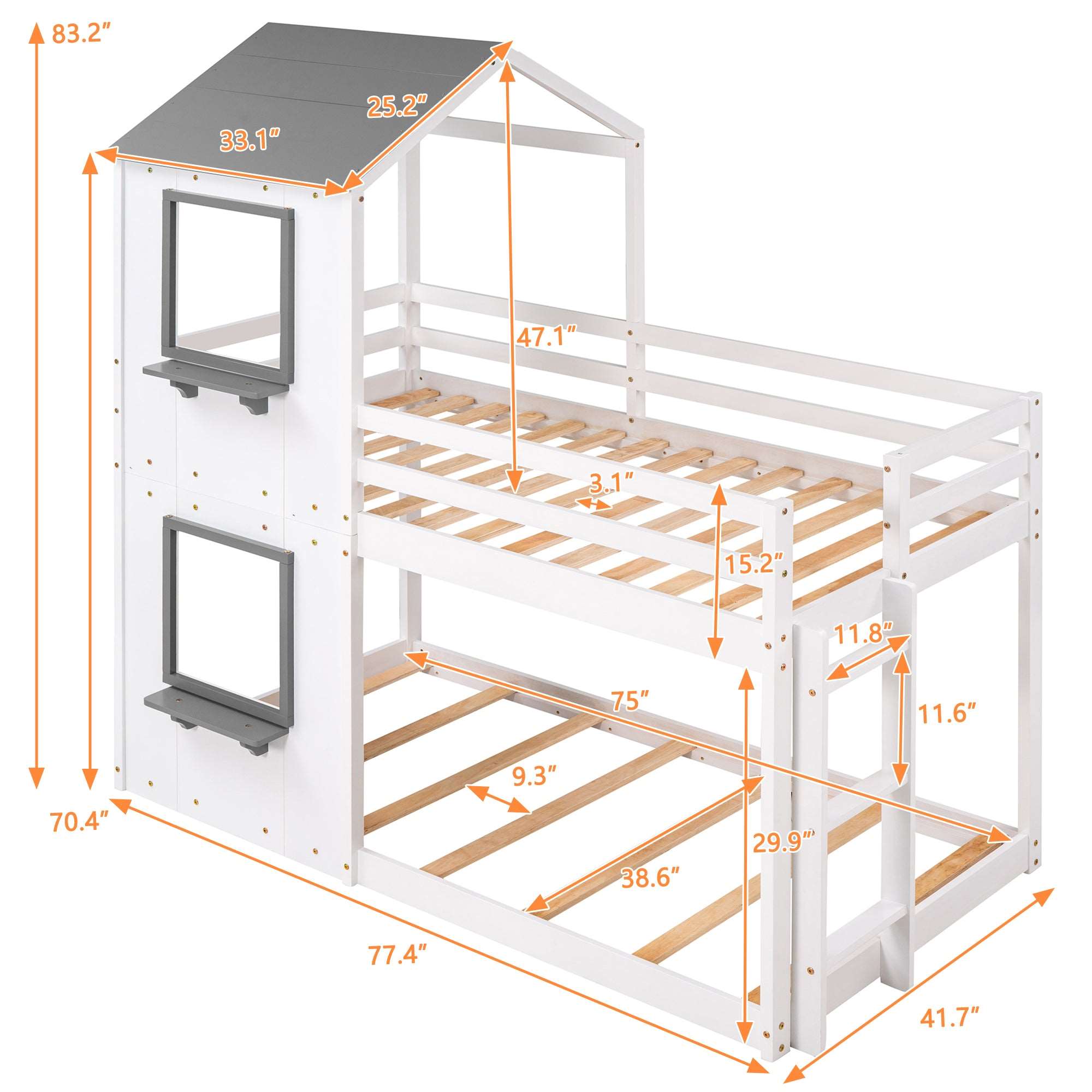 Bellemave Twin Size House Bunk Bed with Roof and Window, Guardrail and Ladder