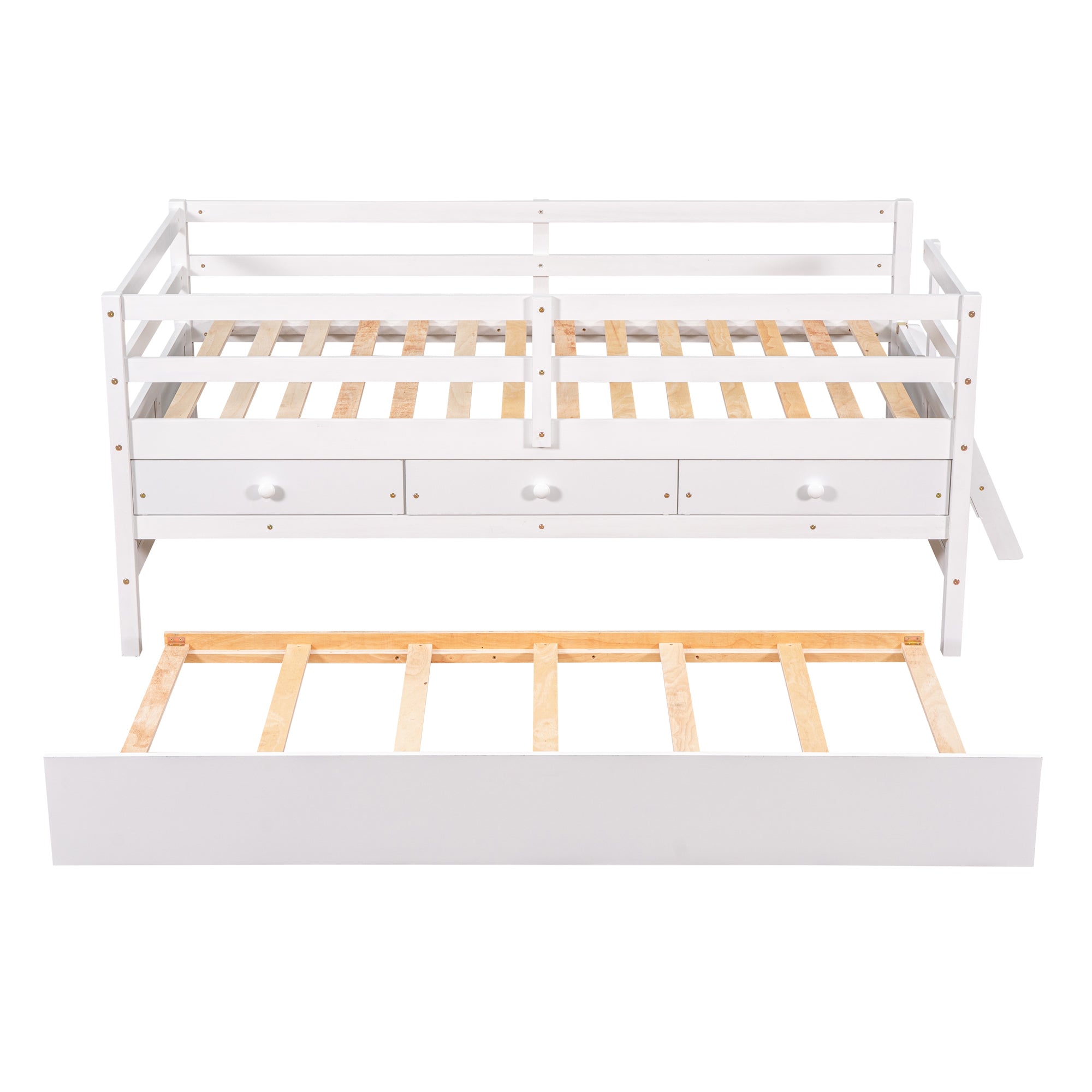 Bellemave Low Loft Bed with Full Safety Fence, Climbing ladder, Storage Drawers and Trundle