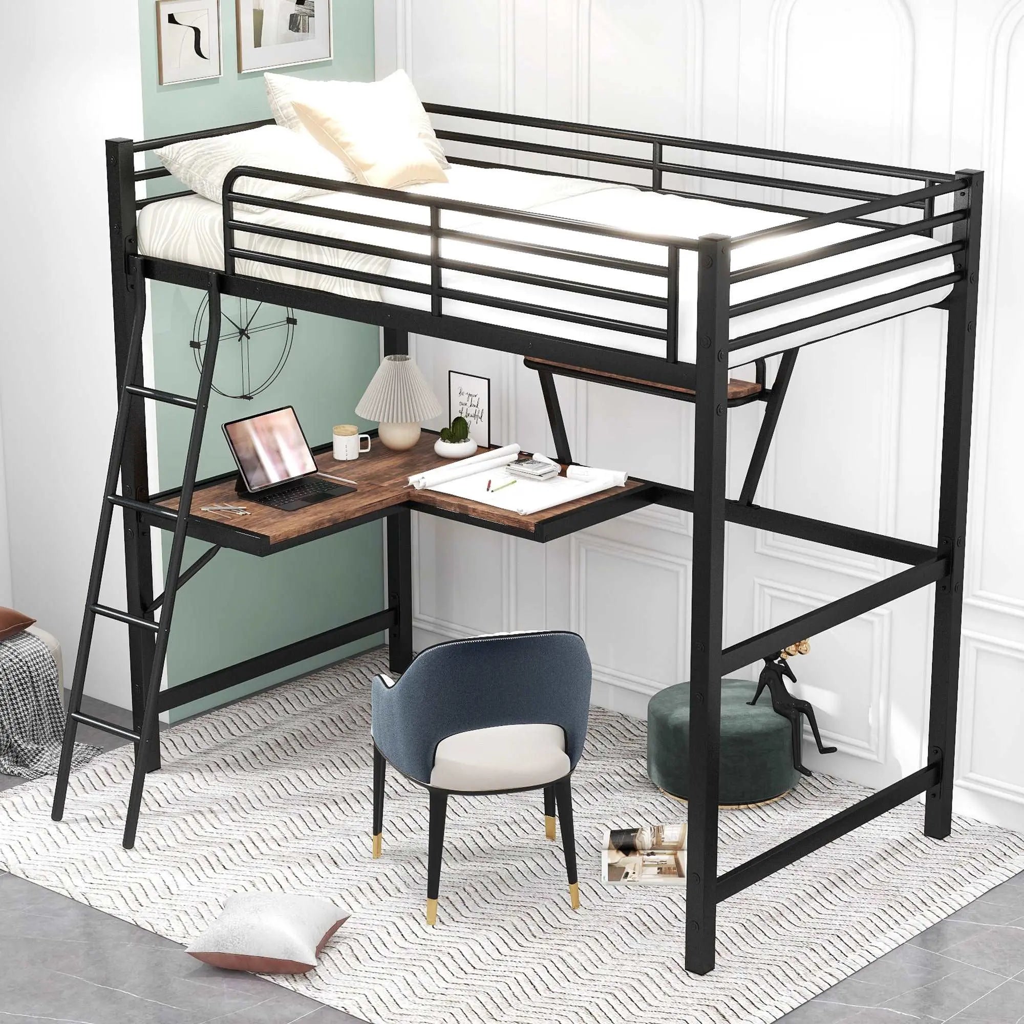 Bellemave High Loft Metal&MDF Bed with Desk and Shelf