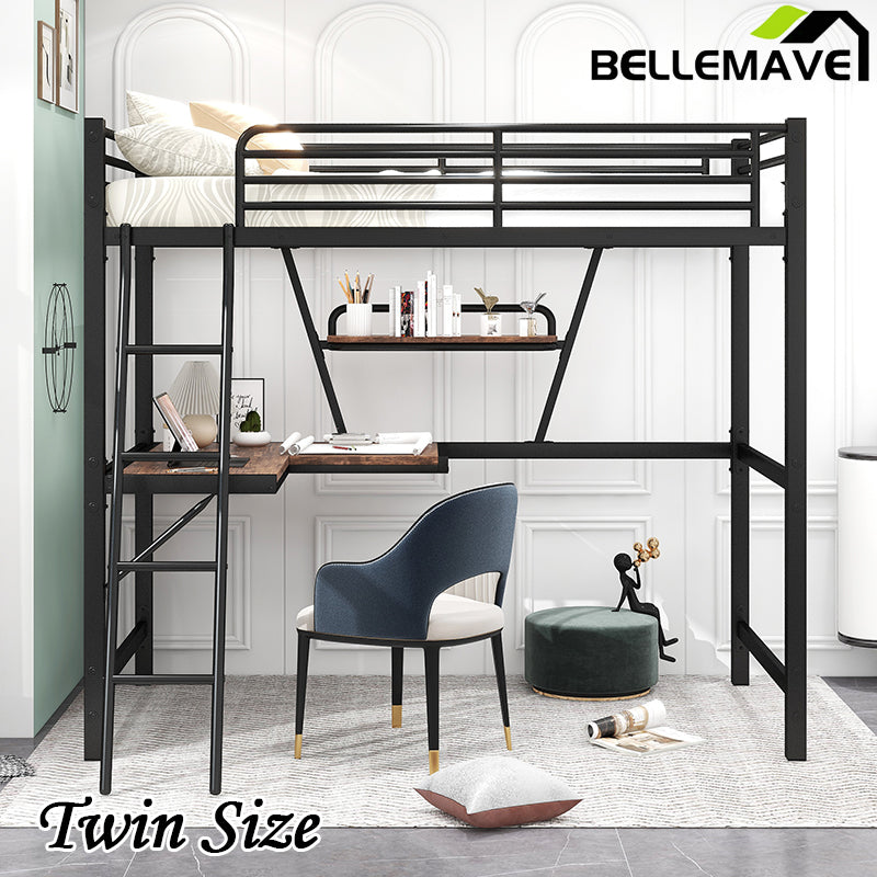 Bellemave® Metal&MDF High Loft Bed with Desk and Shelf