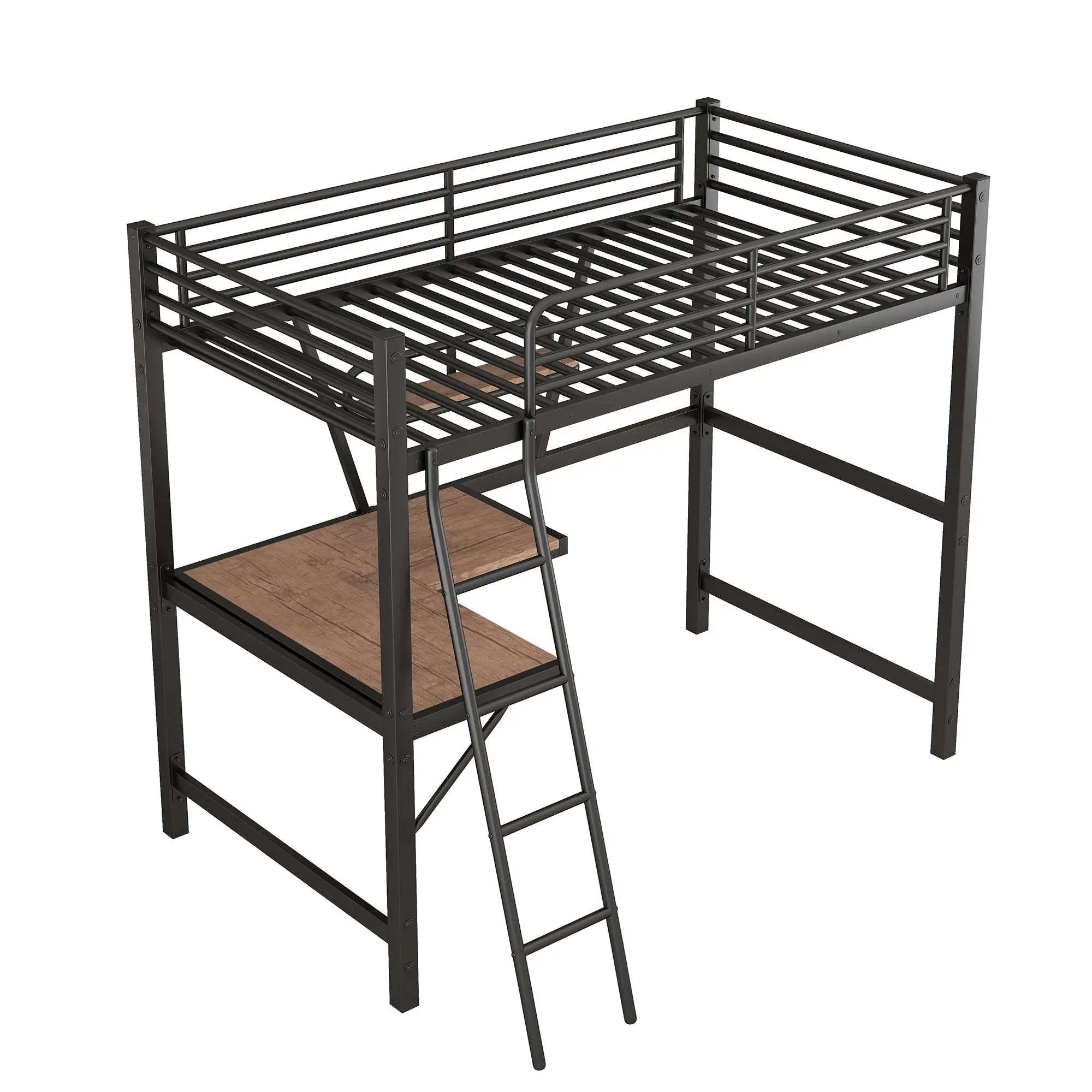Bellemave High Loft Metal&MDF Bed with Desk and Shelf