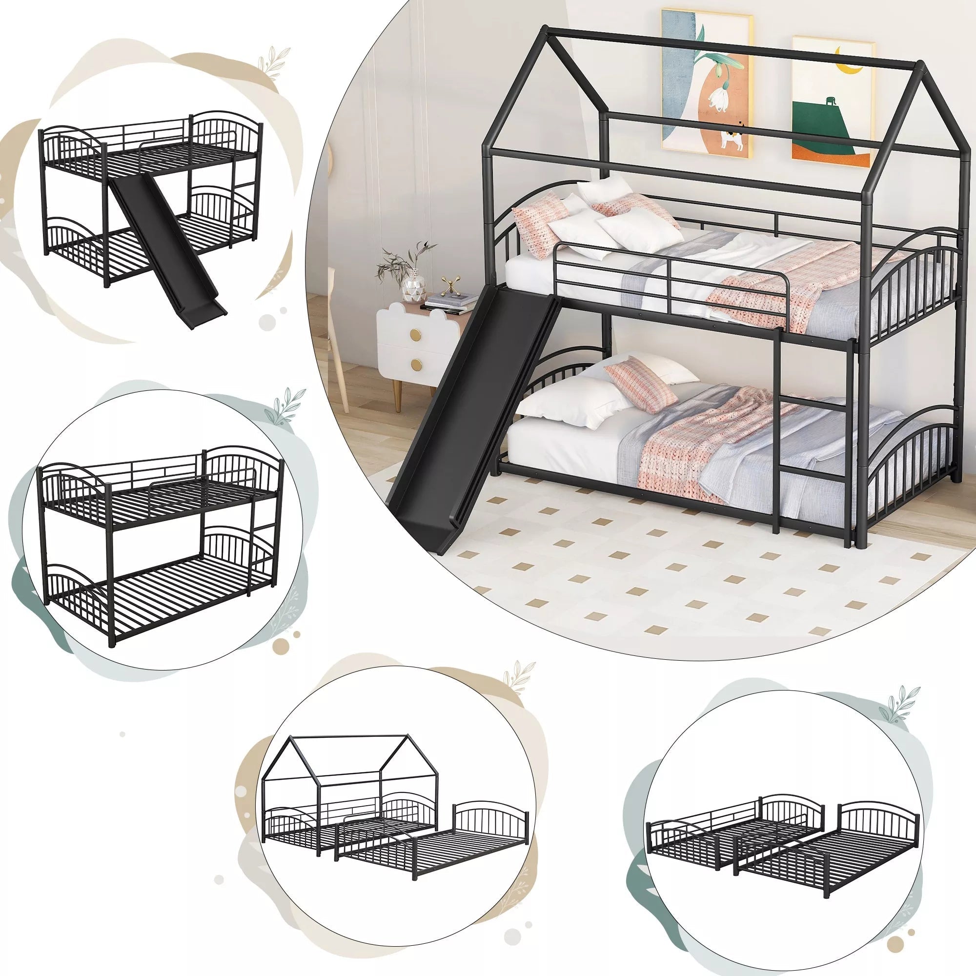 Bellemave® Metal Twin over Twin House Bunk Bed with Slide & Built-in Ladder for Kids Bellemave®