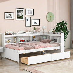 Bellemave® Wood Daybed with L-shaped Bookcases and Drawers