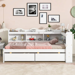 Bellemave® Wood Daybed with L-shaped Bookcases and Drawers