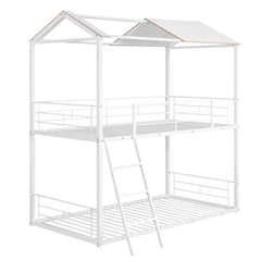 Bellemave® Twin Size Metal House Bunk Bed with Half Roof, Guardrail and Ladder Bellemave®