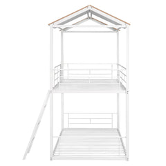 Bellemave® Twin Size Metal House Bunk Bed with Half Roof, Guardrail and Ladder Bellemave®