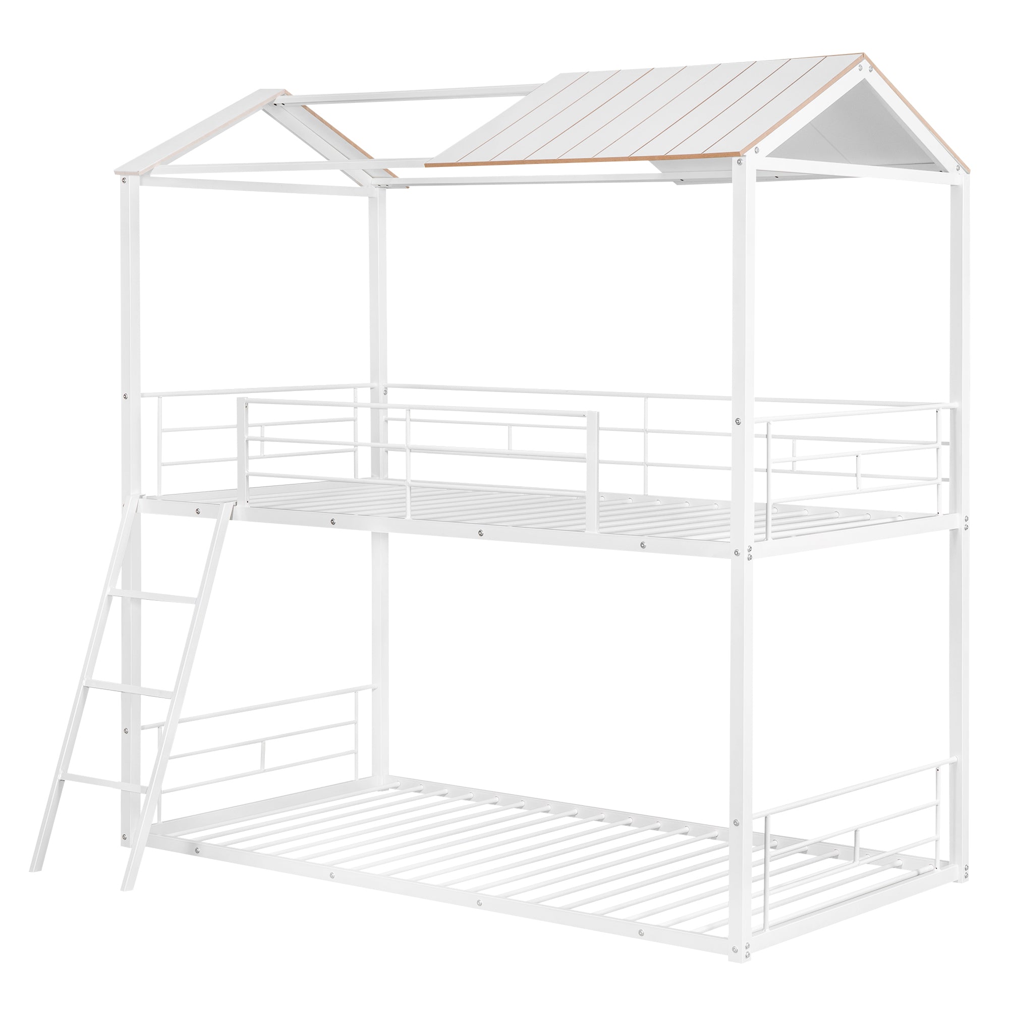 Bellemave® Twin Size Metal House Bunk Bed with Half Roof, Guardrail and Ladder Bellemave®