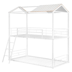 Bellemave® Twin Size Metal House Bunk Bed with Half Roof, Guardrail and Ladder Bellemave®