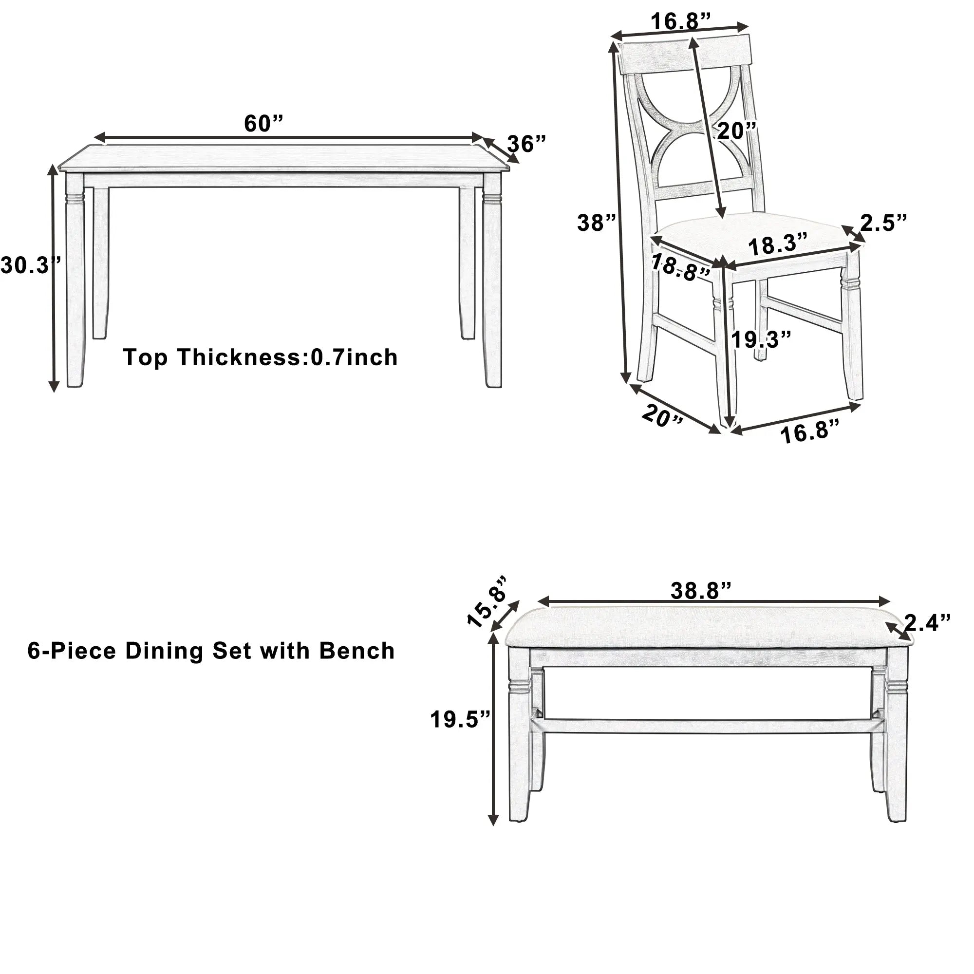 Bellemave® 6-Piece Wood Dining Table Set Kitchen Table Set with Upholstered Bench and 4 Dining Chairs Bellemave®