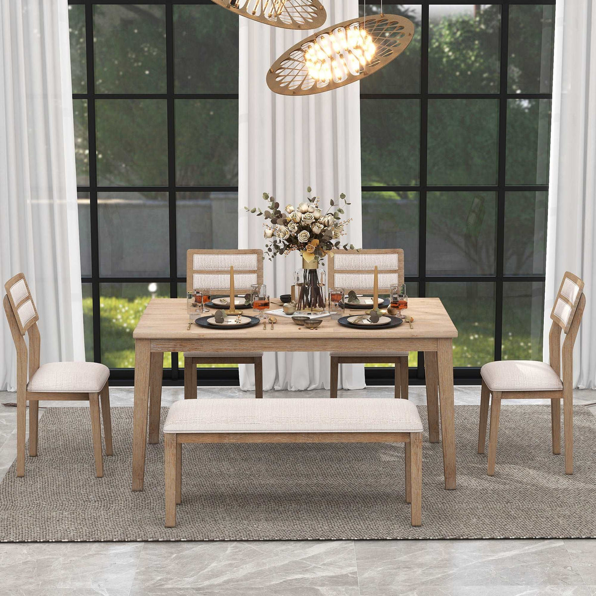 Bellemave 6-Piece Classic and Traditional Style Dining Set, Includes Dining Table, 4 Upholstered Chairs & Bench