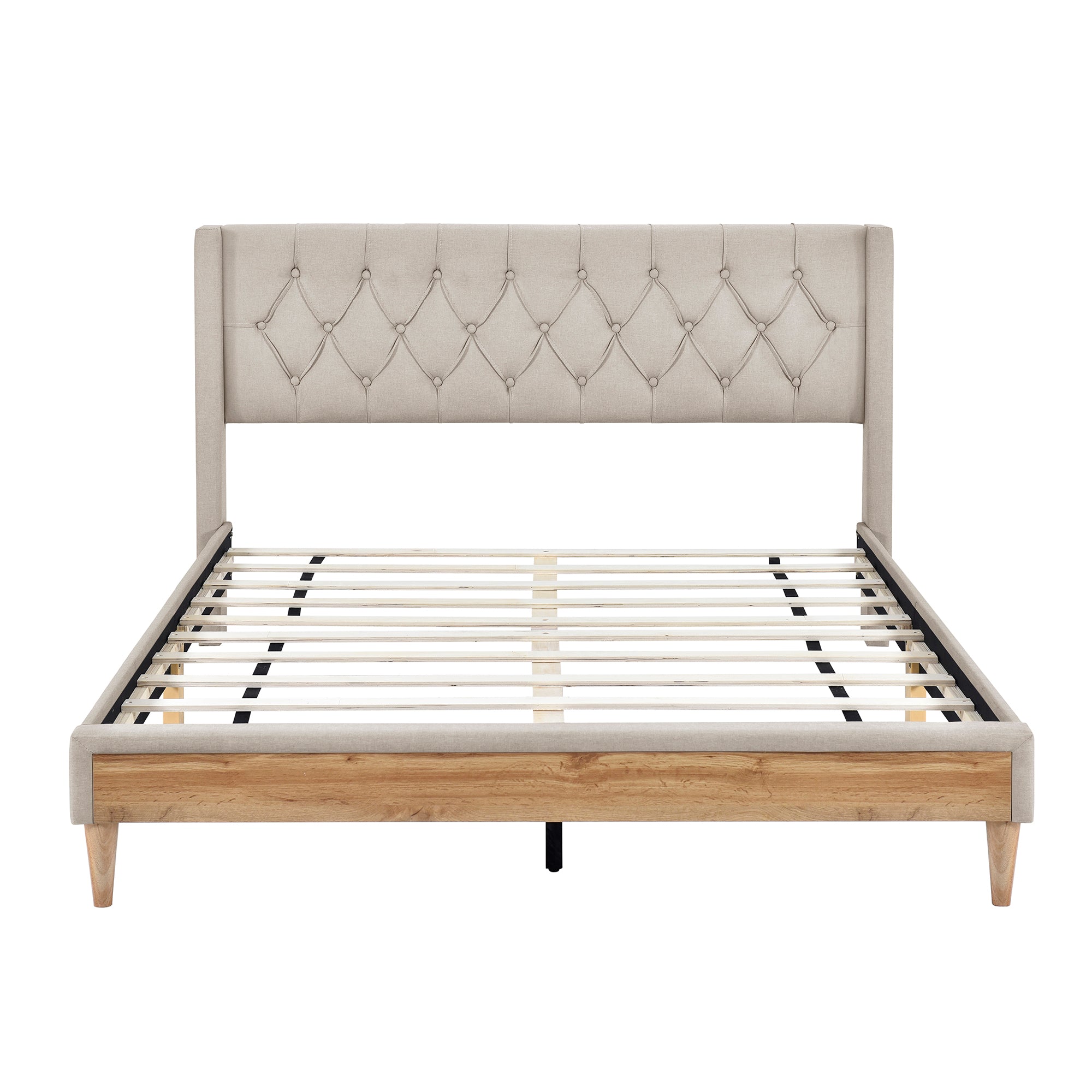 Bellemave Queen Size Upholstered Platform Bed with Rubber Wood Legs,No Box Spring Needed, Linen Fabric