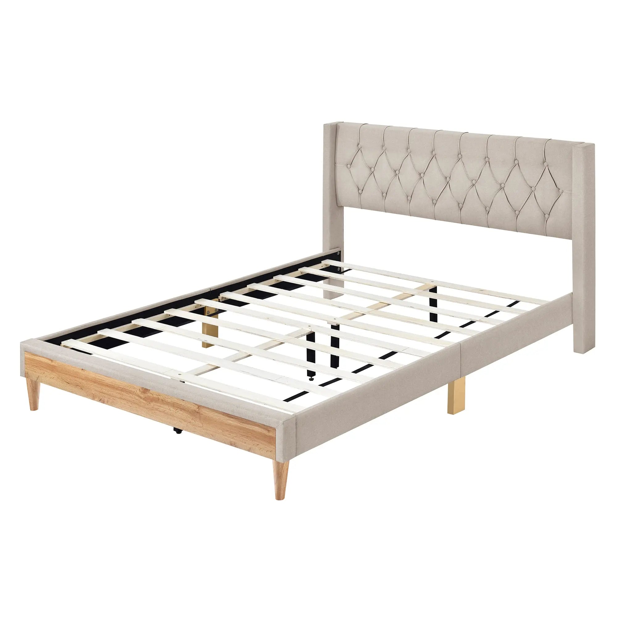 Bellemave® Queen Size Upholstered Platform Bed with Rubber Wood Legs,No Box Spring Needed, Linen Fabric Bellemave®