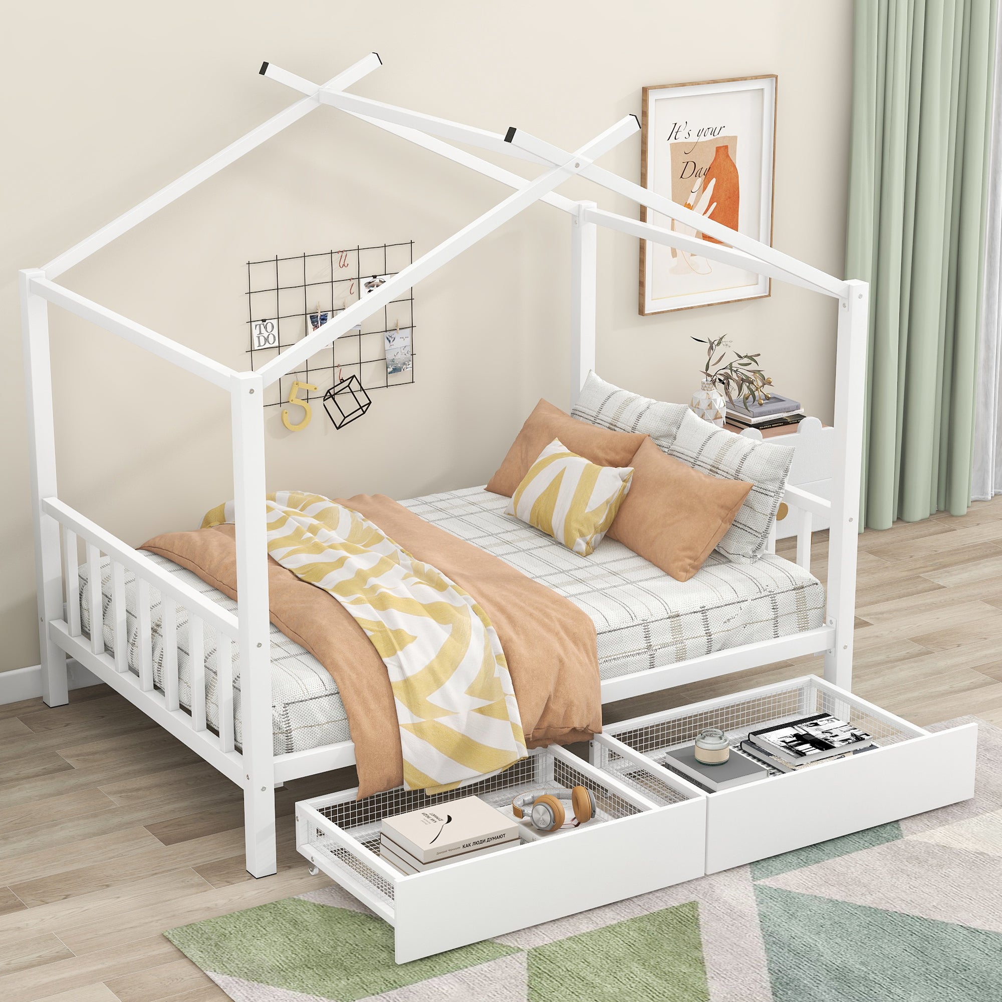 Bellemave® Full Size Metal House Bed with Two Drawers,Headboard and Footboard,Roof Design Bellemave®
