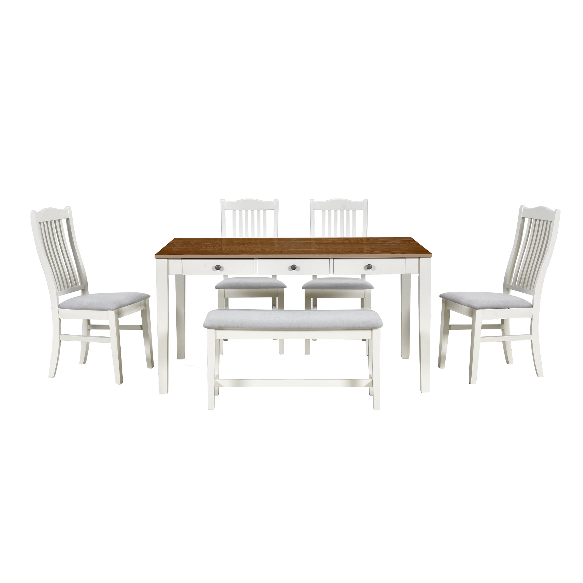Bellemave 6-Piece Mid-Century Wood Dining Table Set with Drawer, Upholstered Chairs and Bench Bellemave
