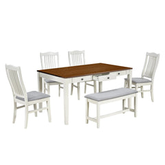 Bellemave 6-Piece Mid-Century Wood Dining Table Set with Drawer, Upholstered Chairs and Bench Bellemave