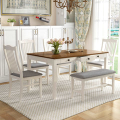 Bellemave 6-Piece Mid-Century Wood Dining Table Set with Drawer, Upholstered Chairs and Bench