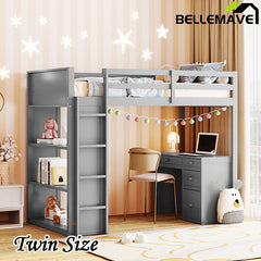 Bellemave® Wood Loft Bed with Ladder, Shelves and Desk