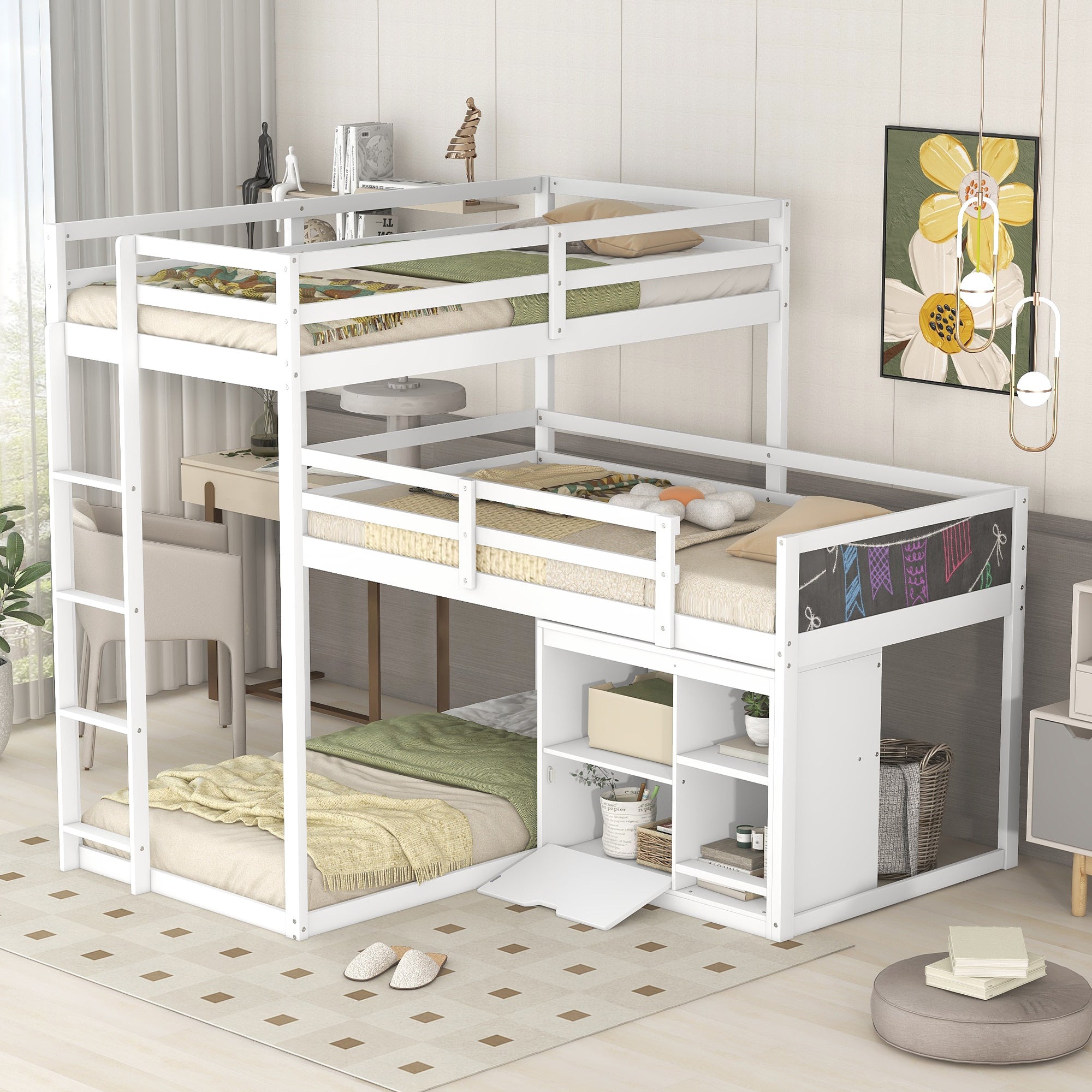 Bellemave Twin Size L-shaped Wood Triple Bunk Bed with Storage Cabinet and Blackboard,Ladder