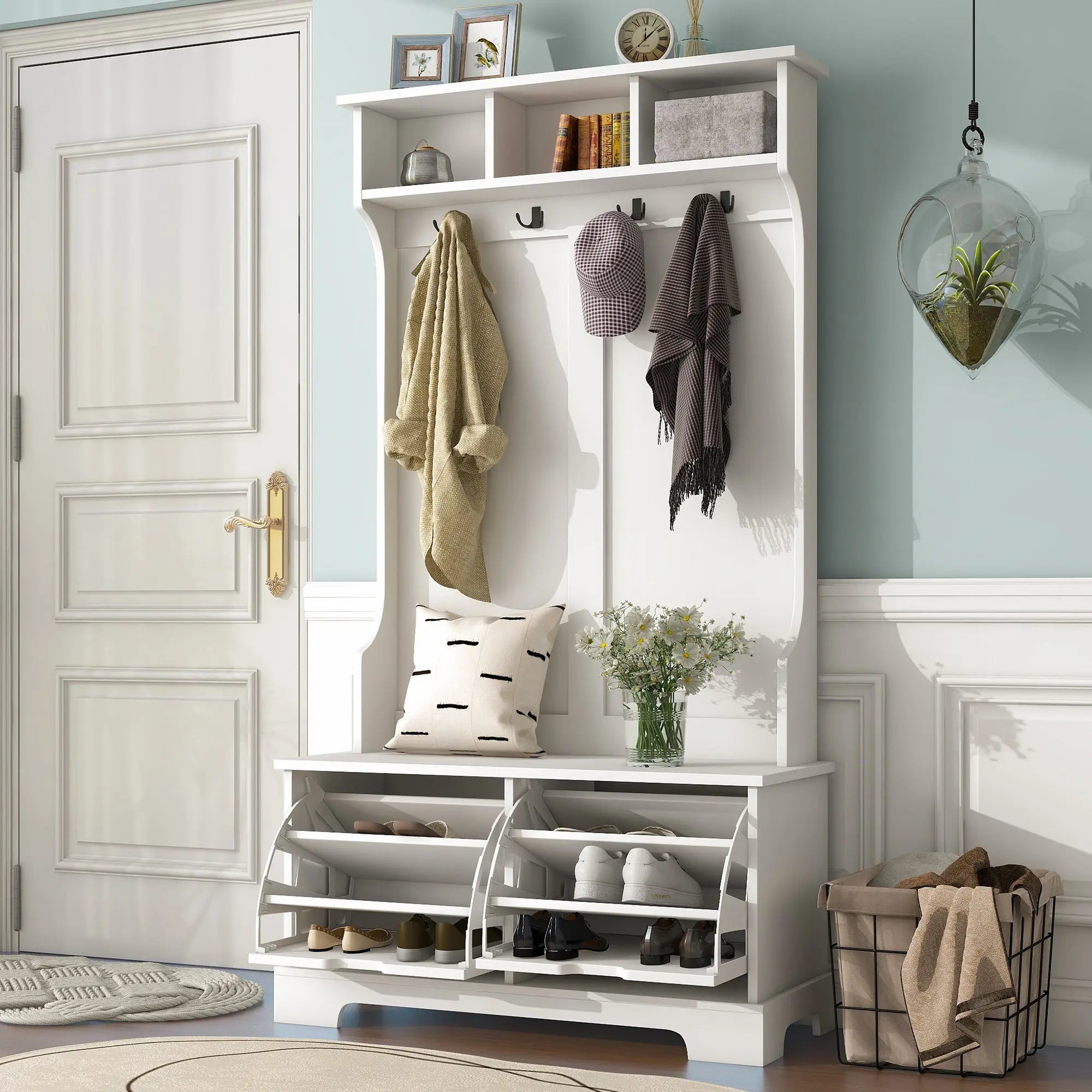 Bellemave® All in One Hall Tree with 3 Top Shelves and 2 Flip Shoe Storage Drawers, Storage Bench and Metal Hanging Hooks Bellemave®