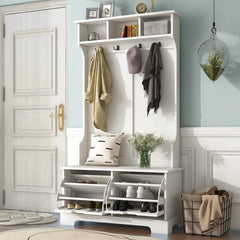 Bellemave® All in One Hall Tree with 3 Top Shelves and 2 Flip Shoe Storage Drawers, Storage Bench and Metal Hanging Hooks Bellemave®