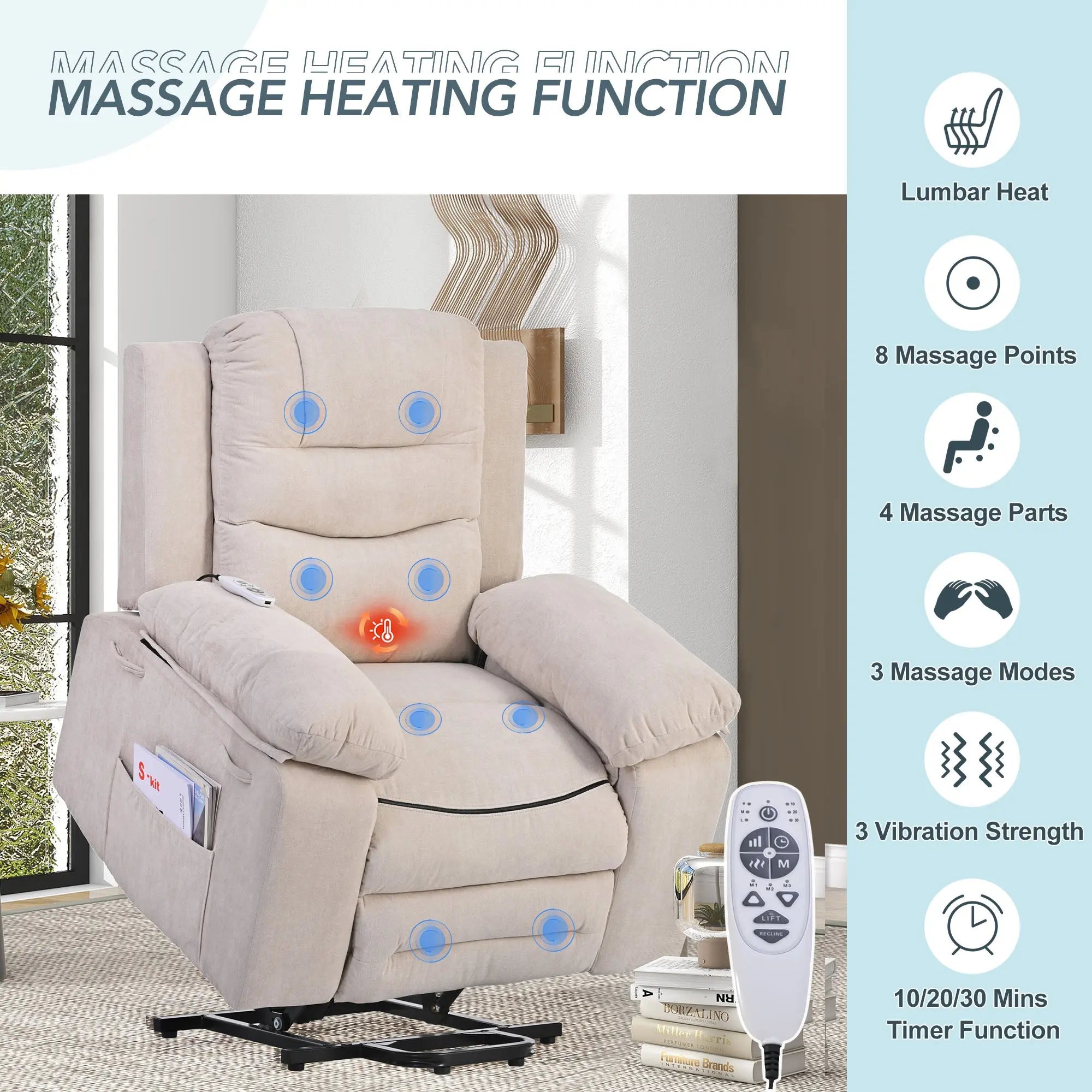 Bellemave® Power Lift Chair with Adjustable Massage and Heating Function,Infinite Position and Side Pocket Bellemave®