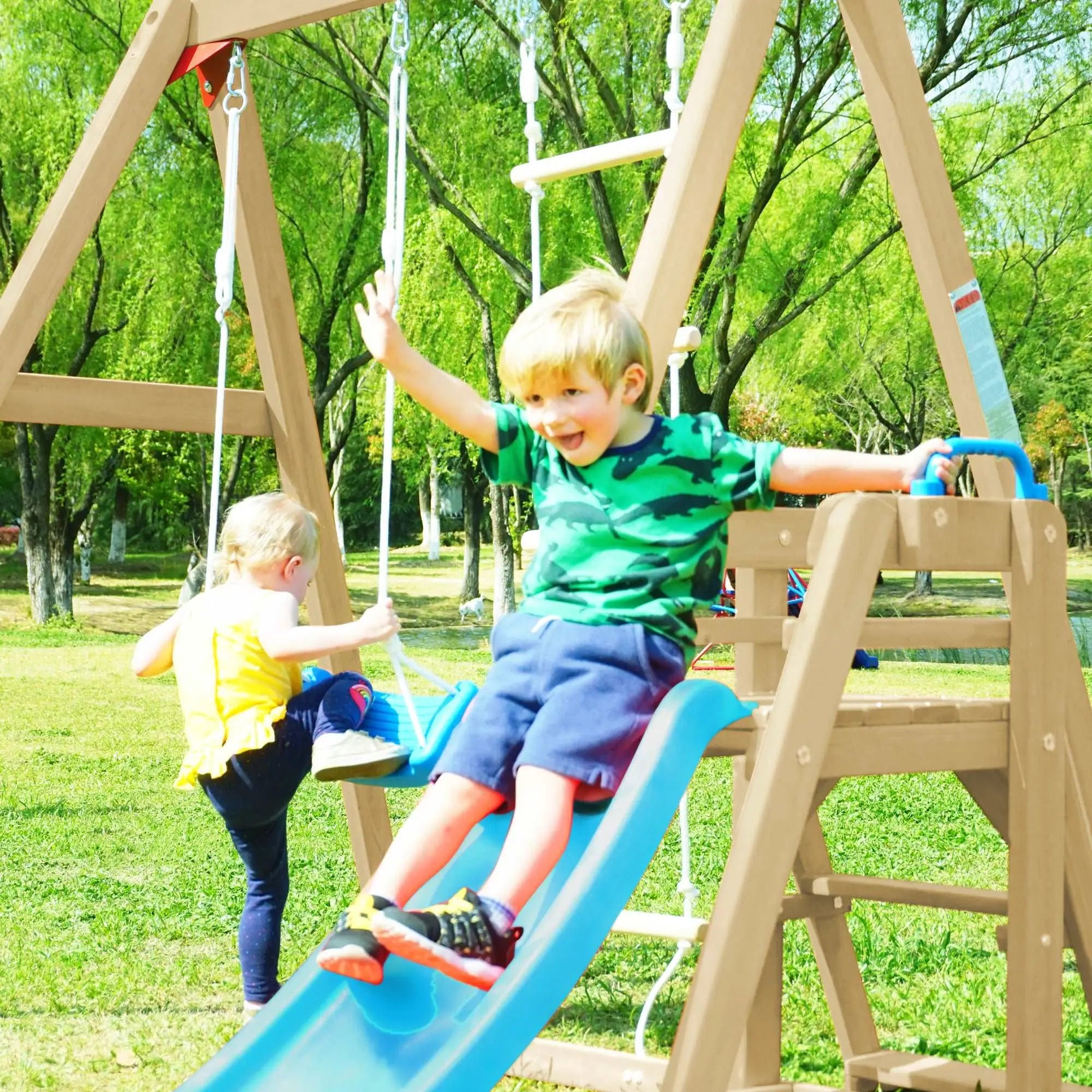 Bellemave Wooden Swing Set with Slide, Outdoor Playset Backyard Activity Playground Climb Swing Outdoor Play Structure for Toddlers