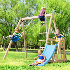 Bellemave Wooden Swing Set with Slide, Outdoor Playset Backyard Activity Playground Climb Swing Outdoor Play Structure for Toddlers